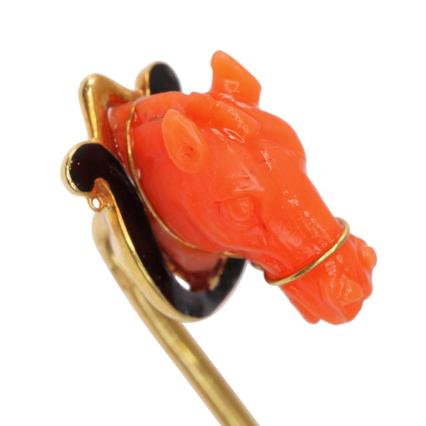 Antique horse head tie pin in gold with coral and enamel.