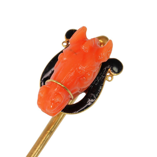 An Antique French Coral Horse Head Tiepin In 18 Carat Yellow Gold