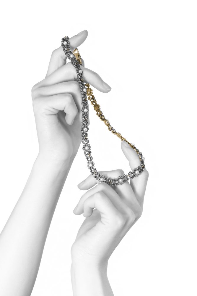 Antique Diamond And Pearl Choker Necklace In 14 Carat Yellow Gold And Silver