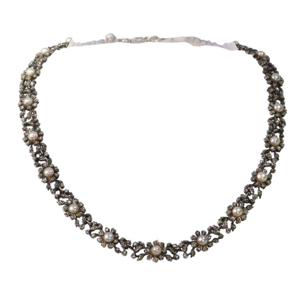 Antique Diamond And Pearl Choker Necklace In 14 Carat Yellow Gold And Silver