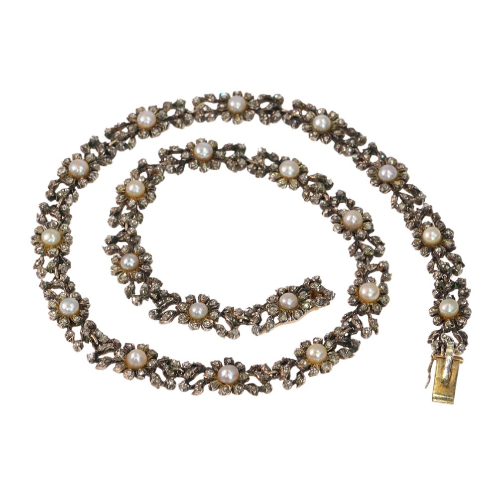 Antique Diamond And Pearl Choker Necklace In 14 Carat Yellow Gold And Silver