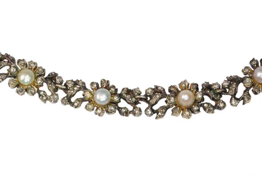 Antique Diamond And Pearl Choker Necklace In 14 Carat Yellow Gold And Silver