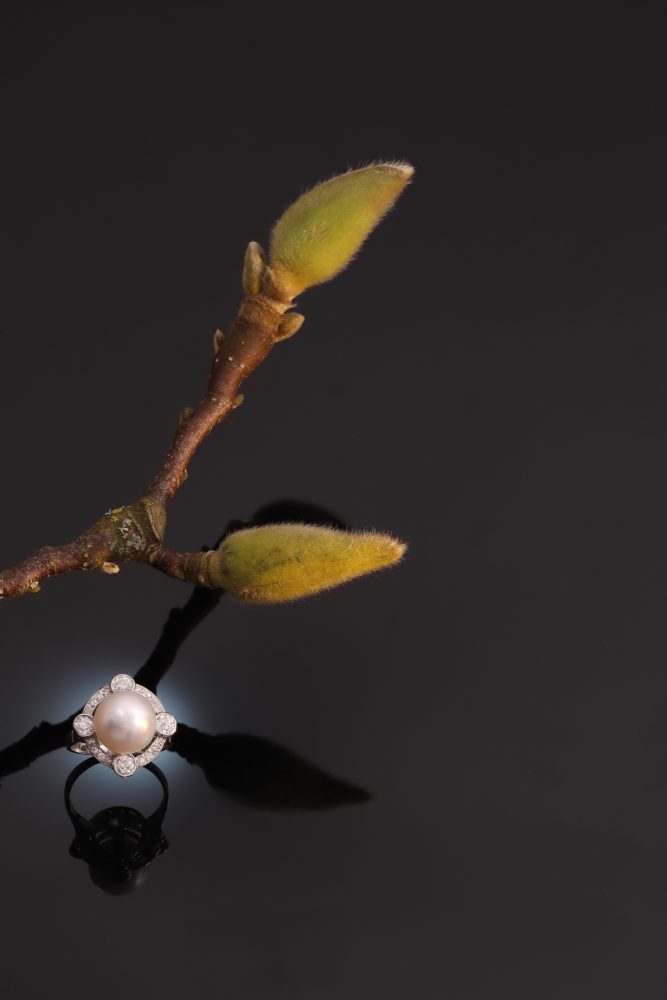 Art Deco Pearl And Old Cut Diamond Ring In Platinum