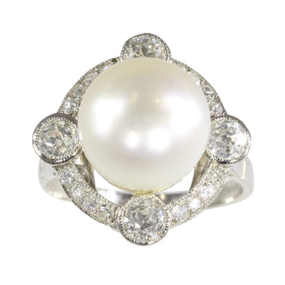 Art Deco Pearl And Old Cut Diamond Ring In Platinum