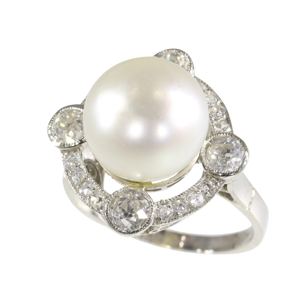 Art Deco Pearl And Old Cut Diamond Ring In Platinum