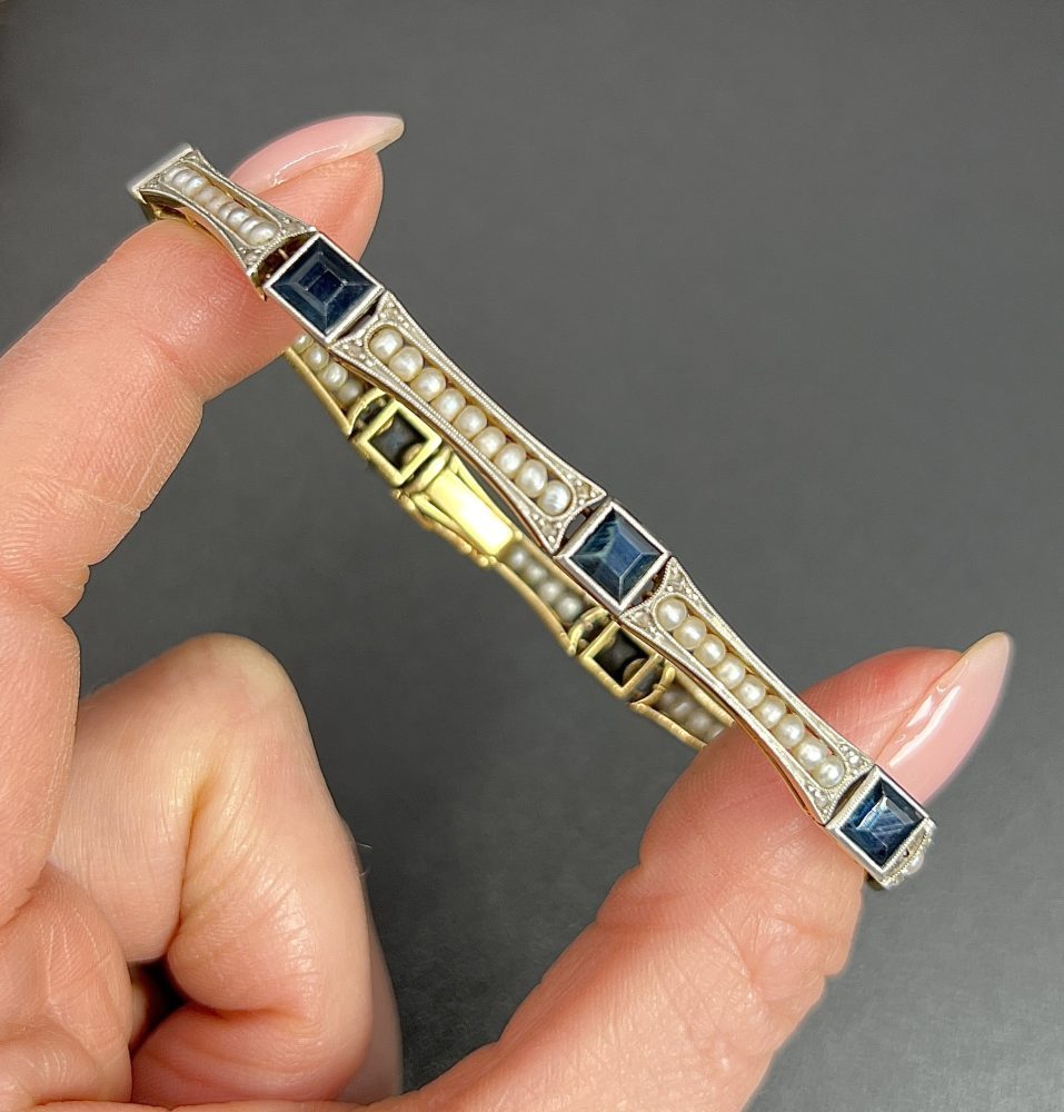 Edwardian Antique Sapphire and Seed Pearl Link Bracelet