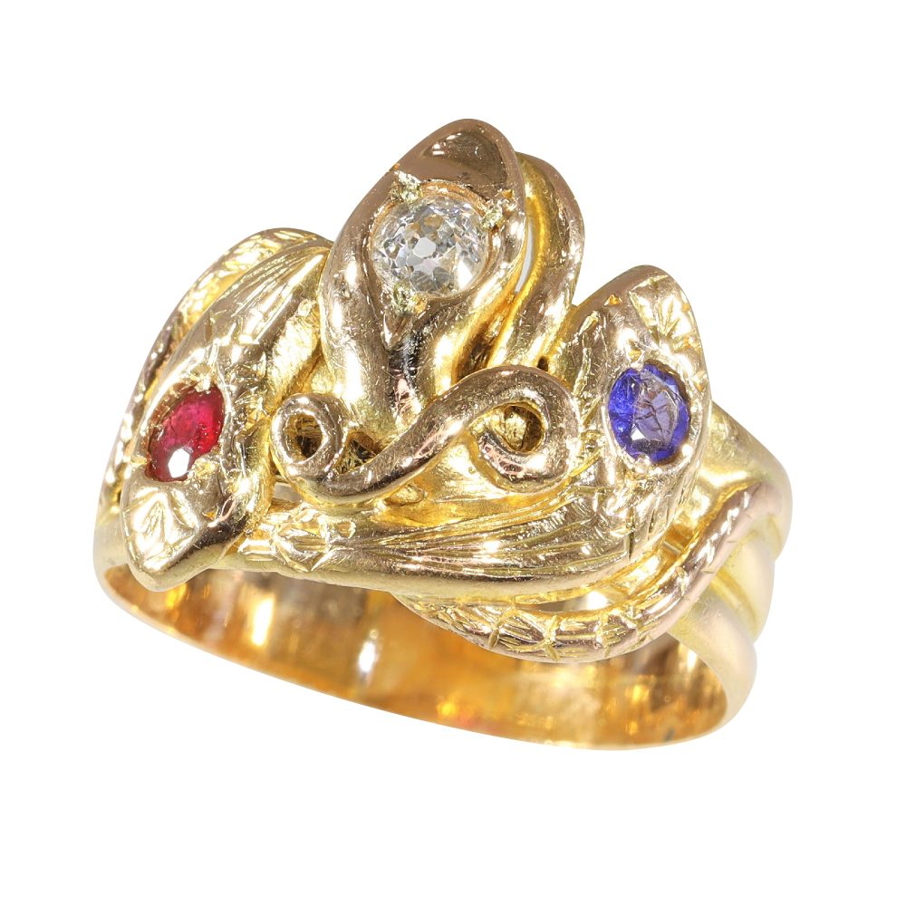 Victorian Serpent Ring In Gold With Diamond, Ruby And Sapphire