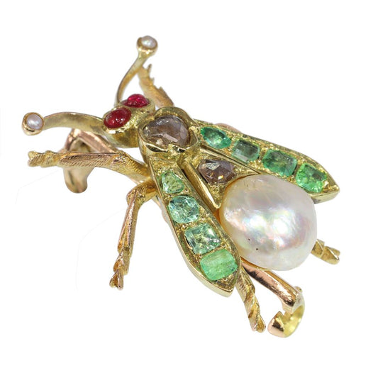 Victorian Antique Multi Gemstone Fly Brooch in 14ct yellow gold with Natural Pearl Rose Cut Diamond Ruby Emerald