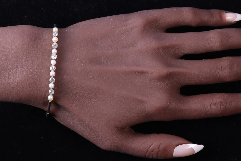 Art Deco Old Cut Diamond And Pearl Bracelet In White And Yellow Gold