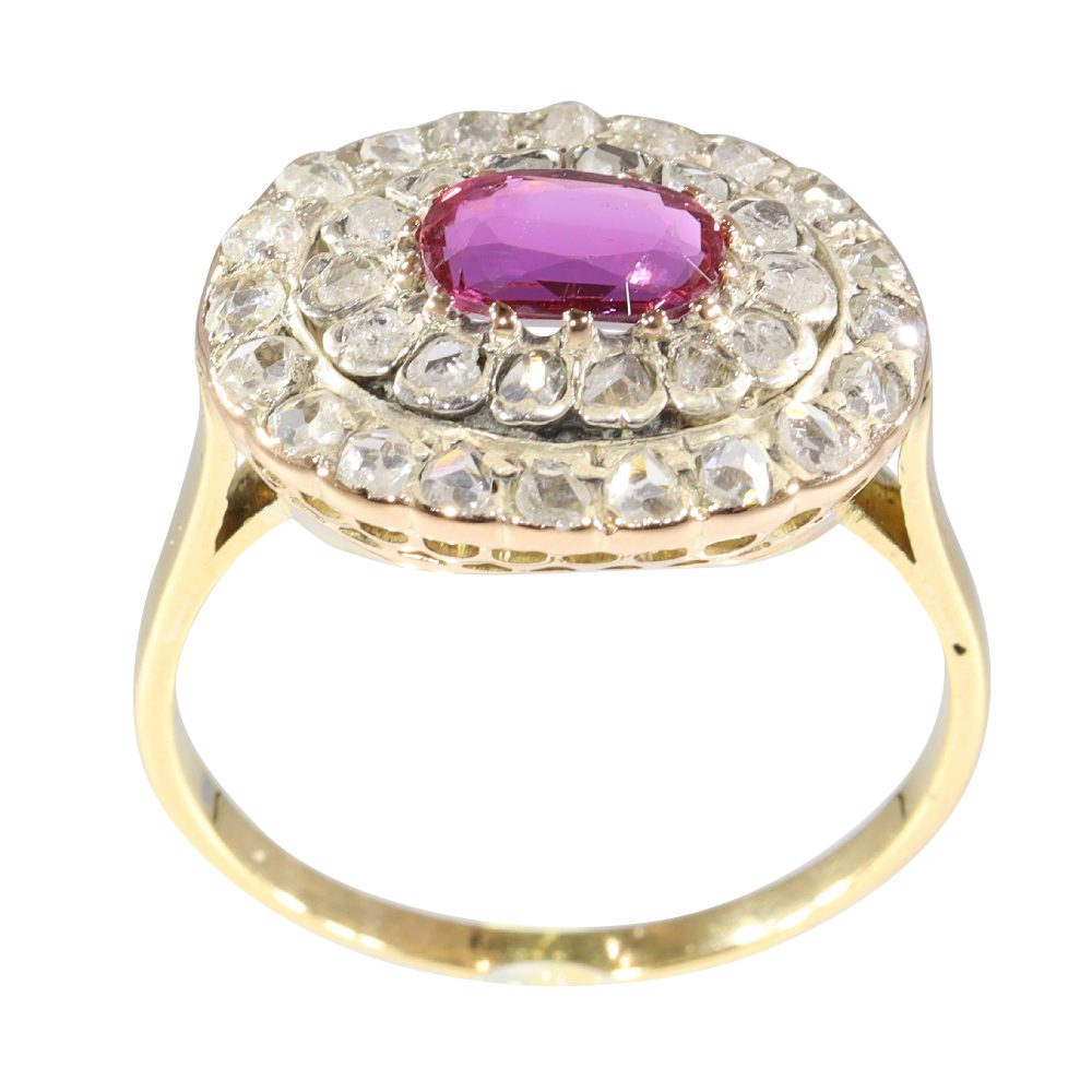Victorian Antique 0.80ct Pink Purple Tourmaline and Rose Cut Diamond Double Cluster Engagement Ring in 18ct Yellow Gold