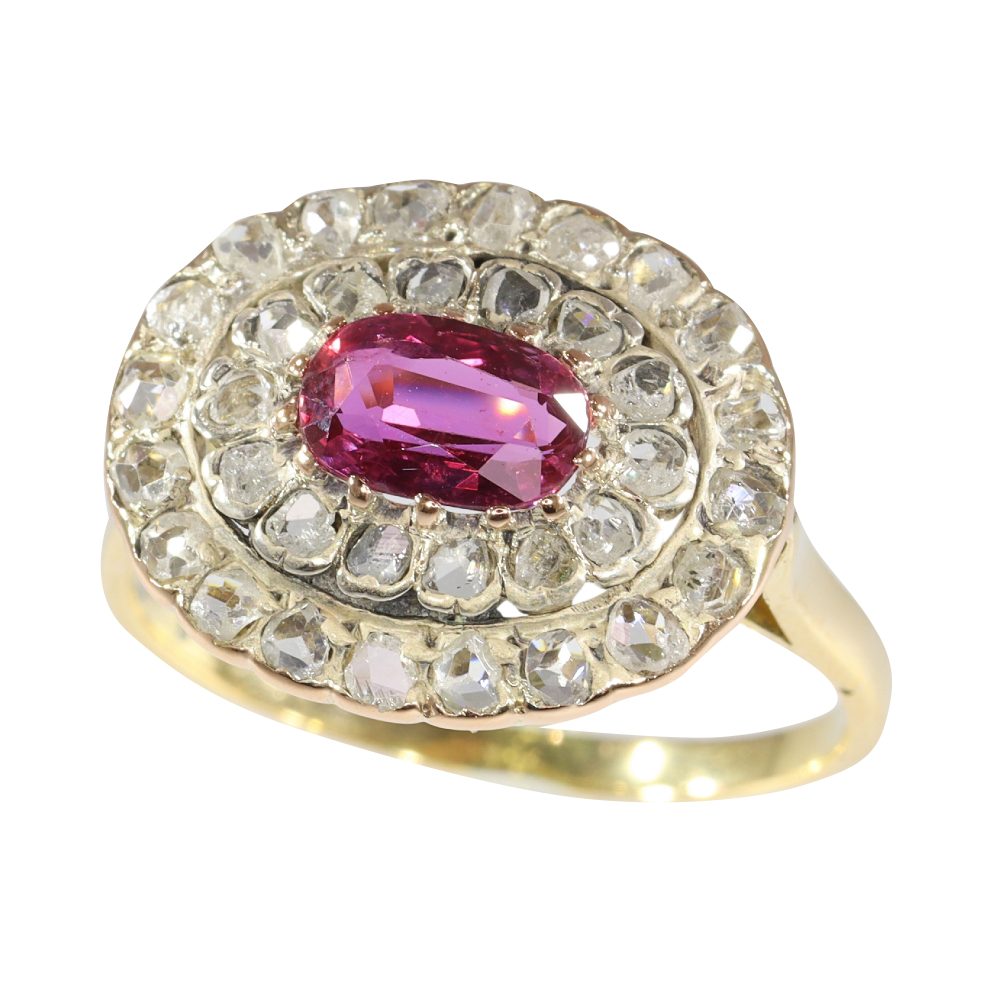 Victorian Antique 0.80ct Pink Purple Tourmaline and Rose Cut Diamond Double Cluster Engagement Ring in 18ct Yellow Gold