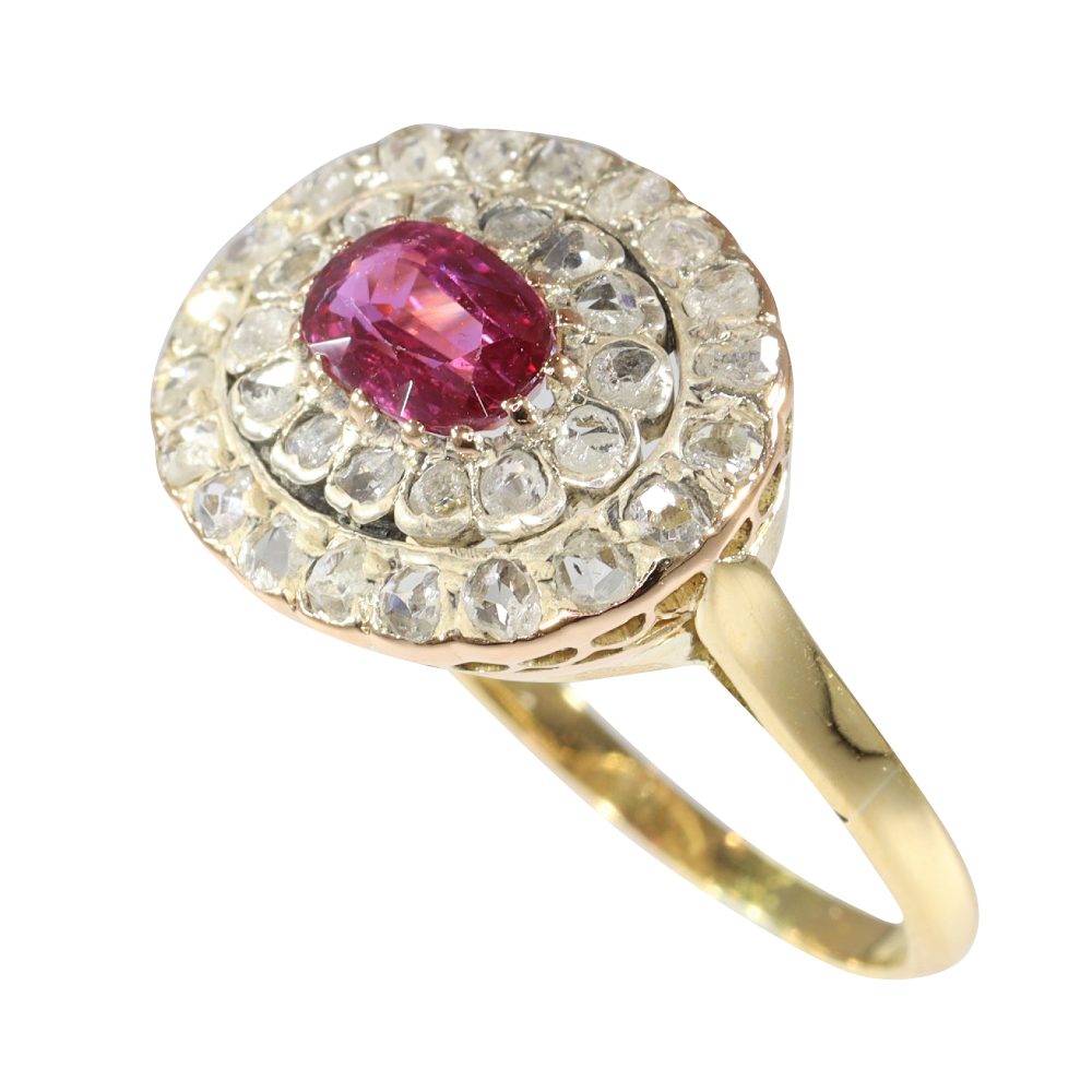 Victorian Antique 0.80ct Pink Purple Tourmaline and Rose Cut Diamond Double Cluster Engagement Ring in 18ct Yellow Gold