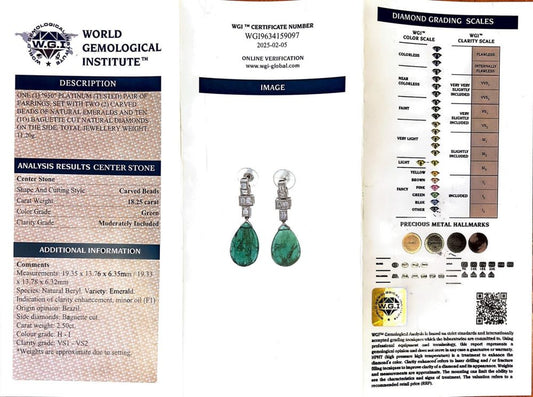 Platinum Drop Earrings With 18.25 Carats Carved Emeralds And Diamonds