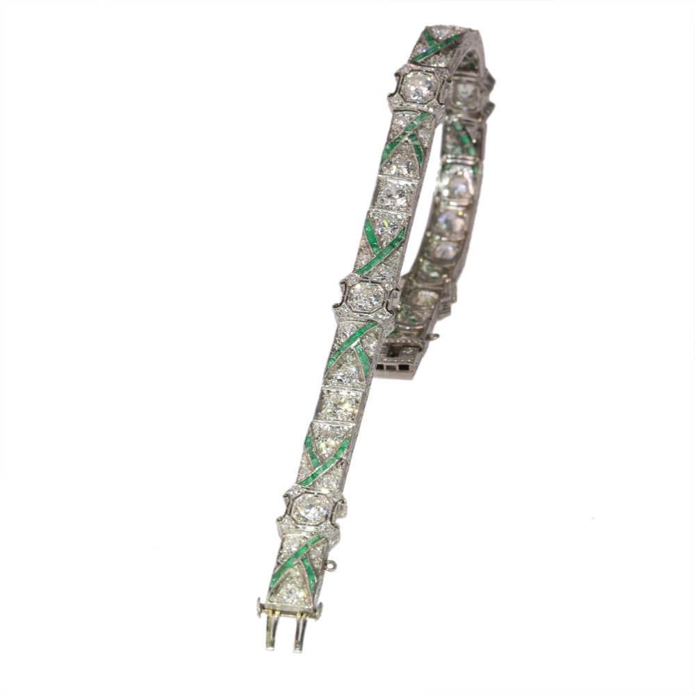Art Deco Platinum Bracelet With Old Cut Diamonds And Emeralds