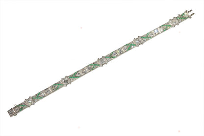 Art Deco Platinum Bracelet With Old Cut Diamonds And Emeralds