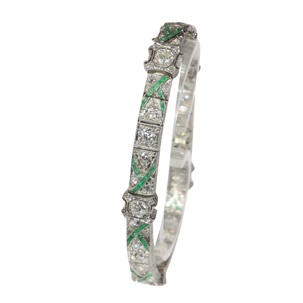 Art Deco Platinum Bracelet With Old Cut Diamonds And Emeralds