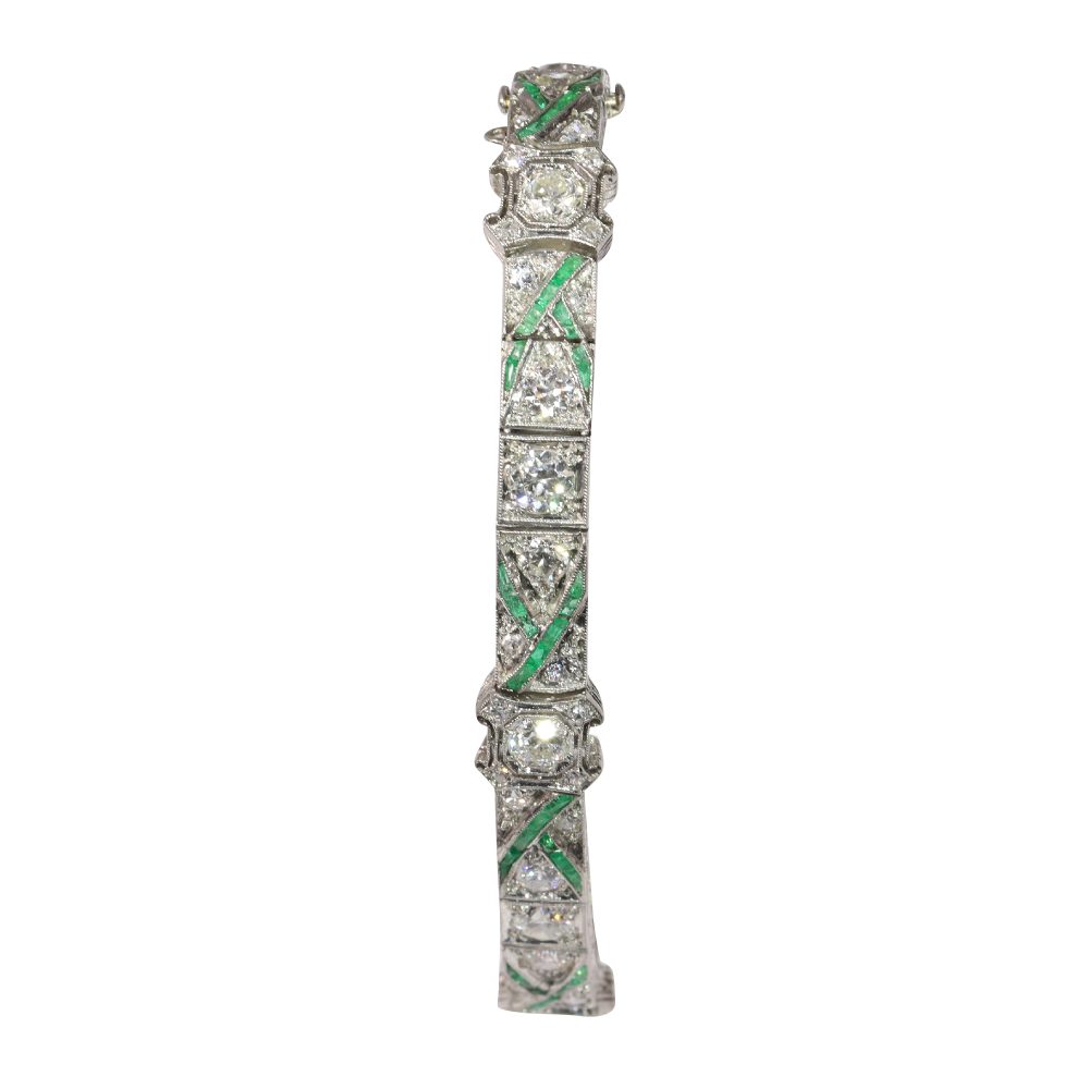 Art Deco Platinum Bracelet With Old Cut Diamonds And Emeralds