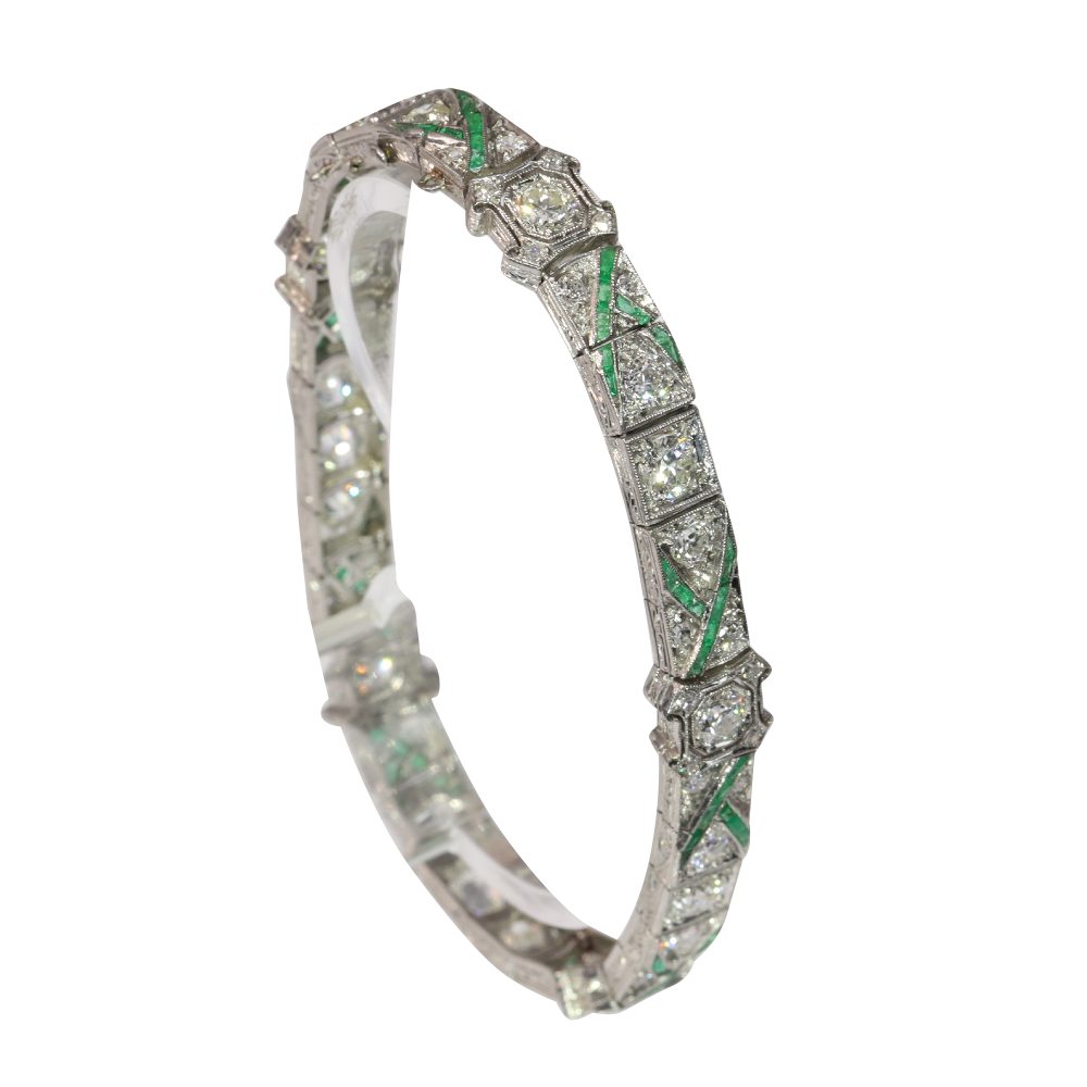 Art Deco Platinum Bracelet With Old Cut Diamonds And Emeralds