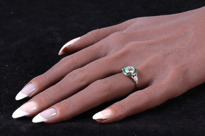 Art Deco Old Cut Diamond And Emerald Engagement Ring In Yellow Gold And Platinum