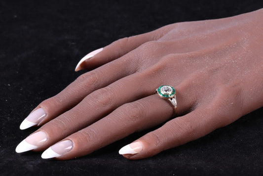 Art Deco Old Cut Diamond And Emerald Engagement Ring In Yellow Gold And Platinum
