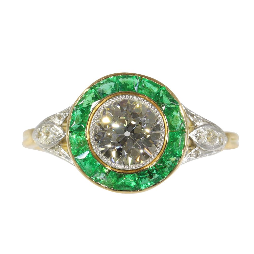 Art Deco Old Cut Diamond And Emerald Engagement Ring In Yellow Gold And Platinum