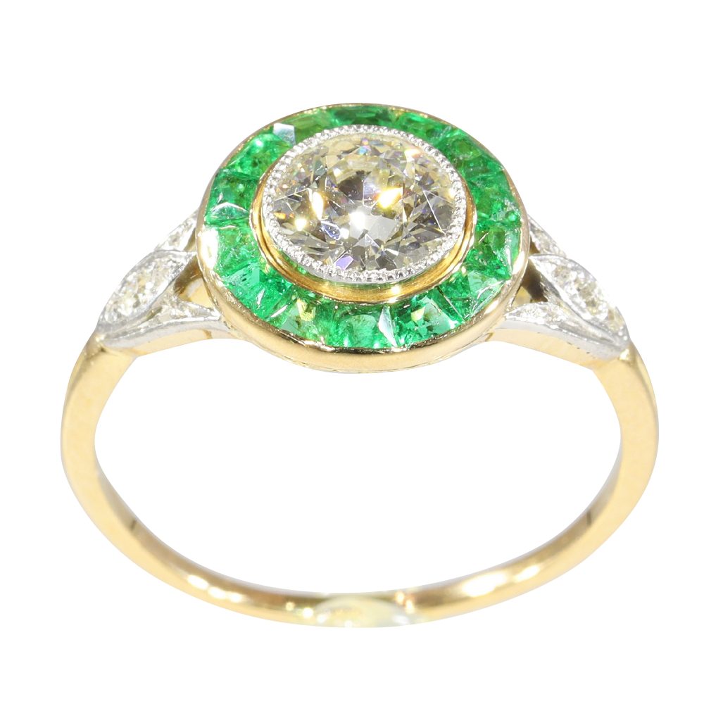 Art Deco Old Cut Diamond And Emerald Engagement Ring In Yellow Gold And Platinum