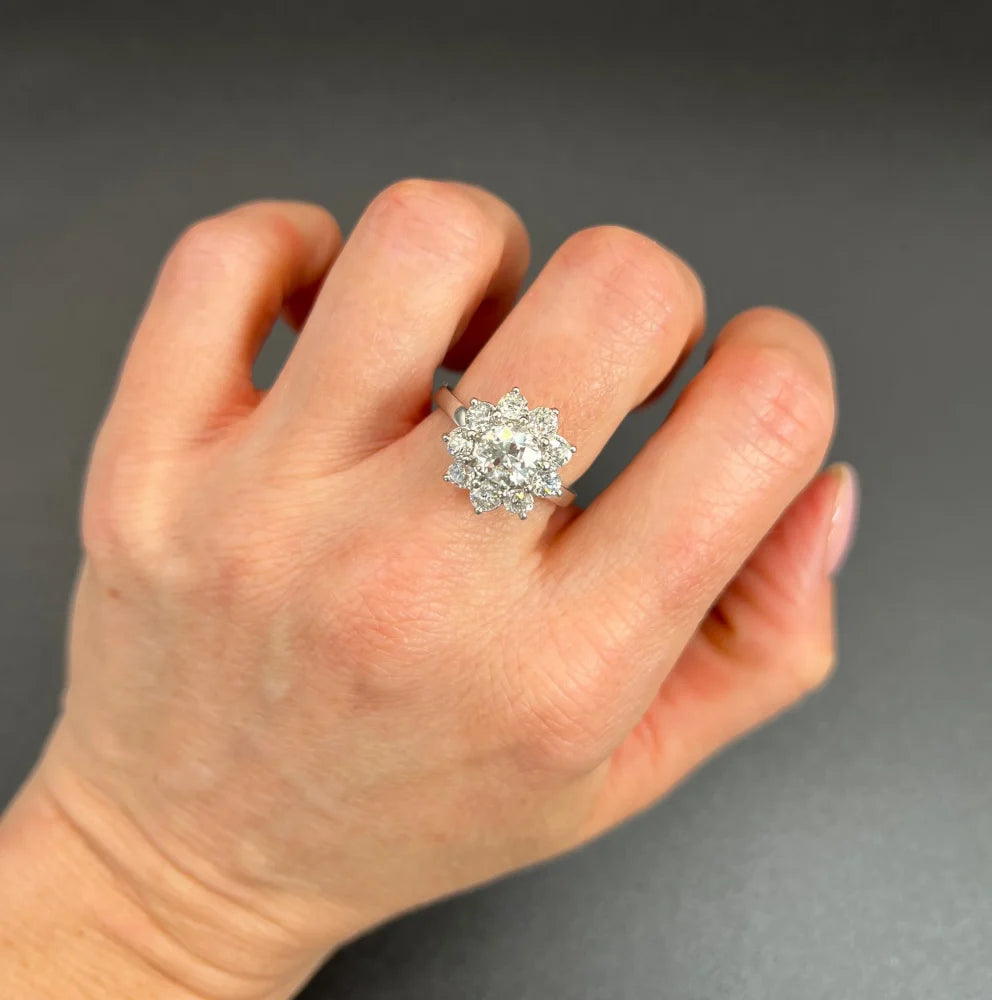 Vintage Diamond Daisy Cluster Engagement Ring in Platinum, 2.20 carats