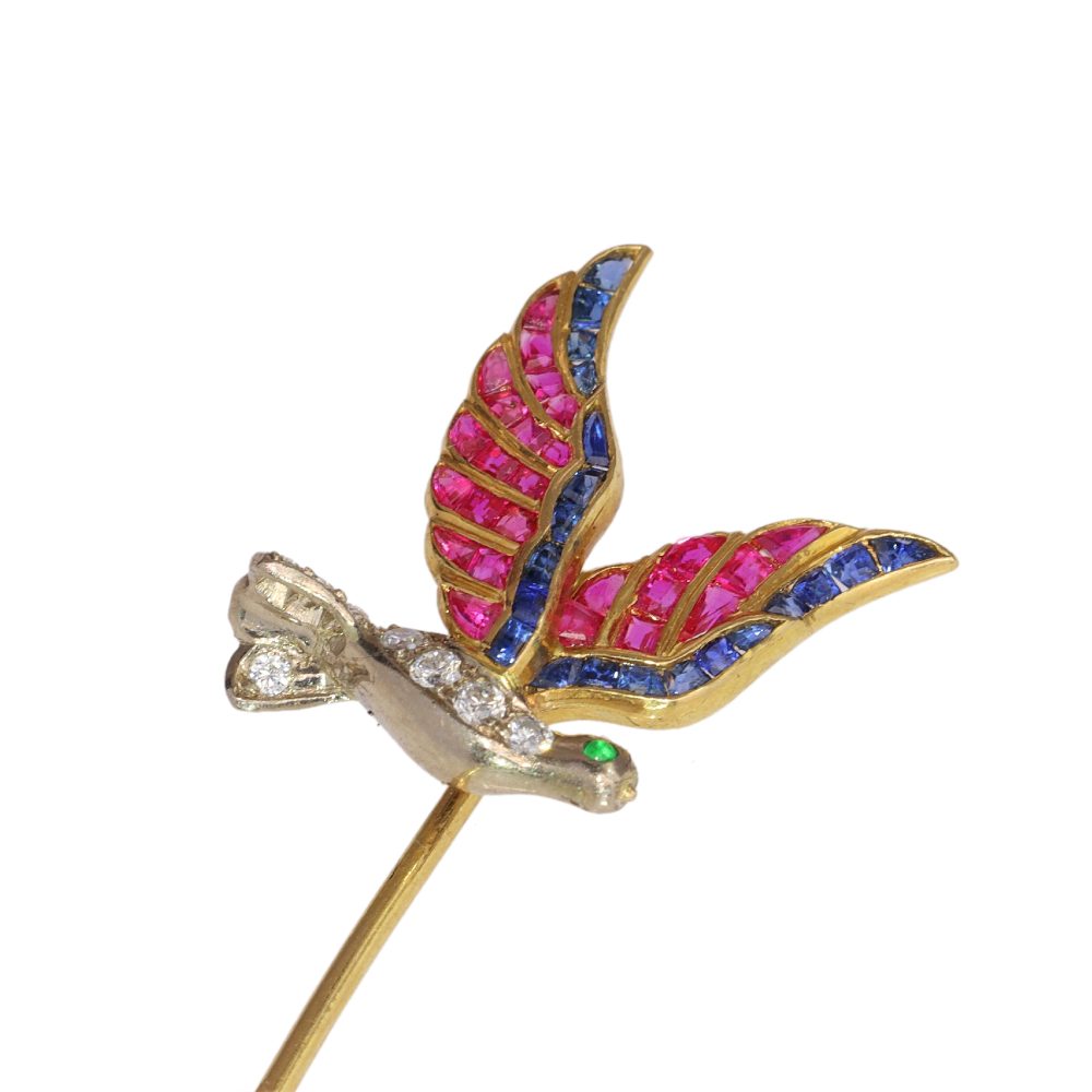 Vintage Tiepin Featuring A Flying Bird With Multicoloured Gemstones In Gold
