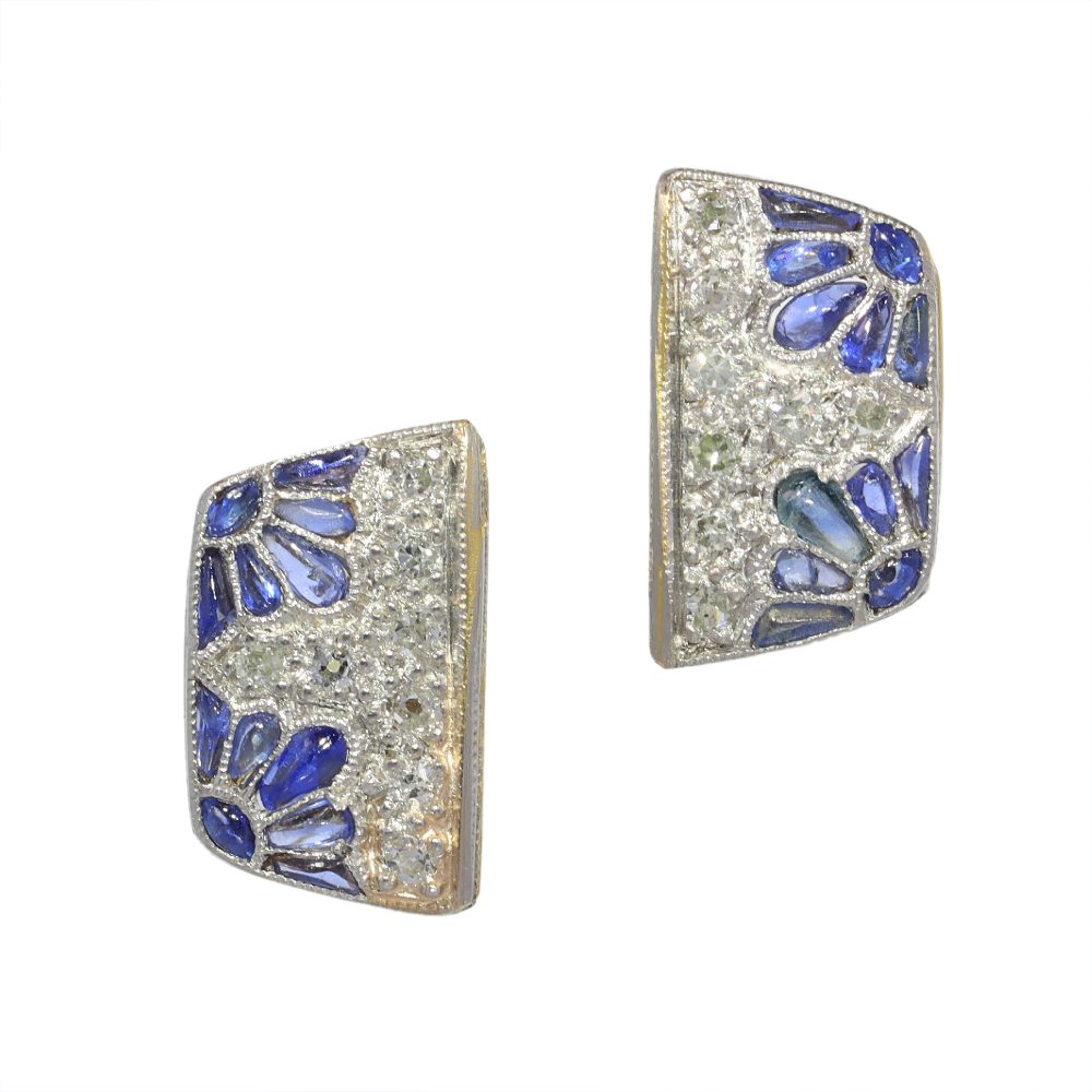 Art Deco Ear Studs In Yellow And White Gold Set With Diamonds And Sapphires
