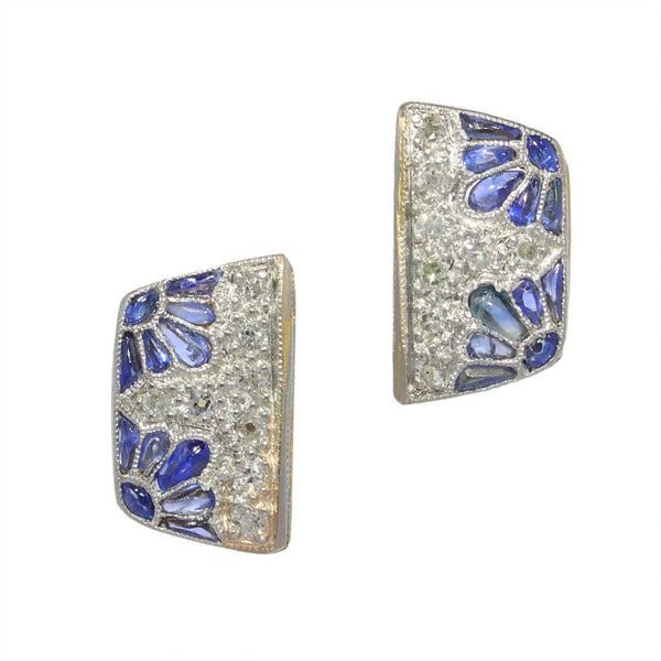 Art Deco Ear Studs In Yellow And White Gold Set With Diamonds And Sapphires