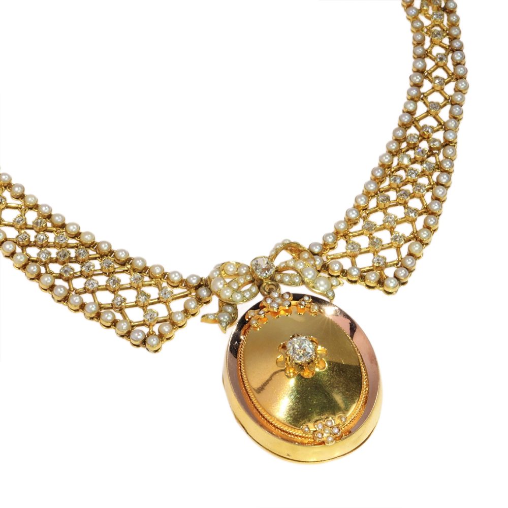 Victorian Old Cut Diamond And Pearl Necklace With Gold Pendant