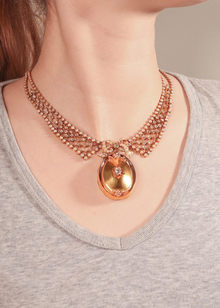 Victorian Old Cut Diamond And Pearl Necklace With Gold Pendant