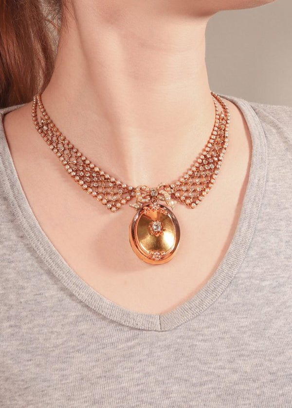 Victorian Old Cut Diamond And Pearl Necklace With Gold Pendant