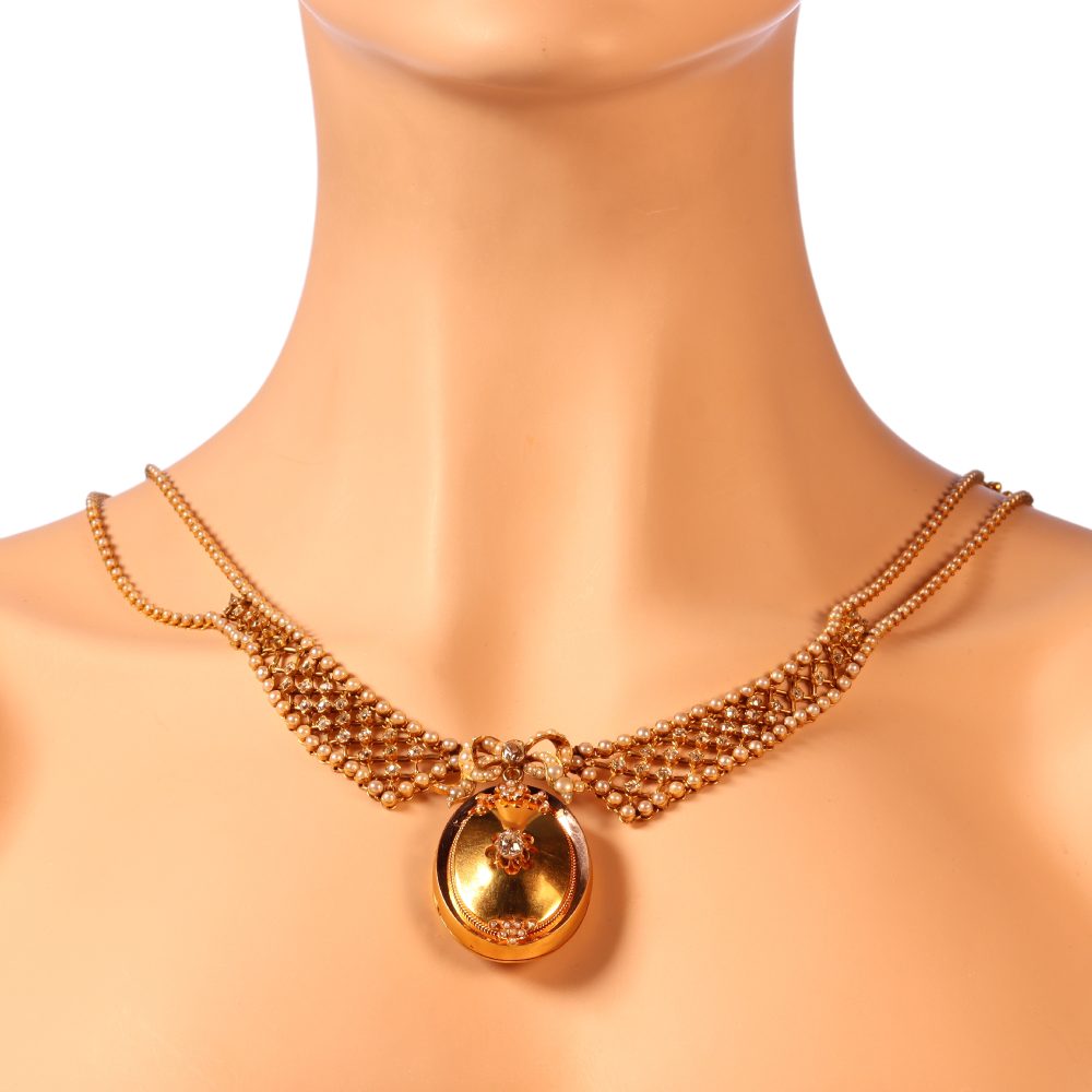 Victorian Old Cut Diamond And Pearl Necklace With Gold Pendant