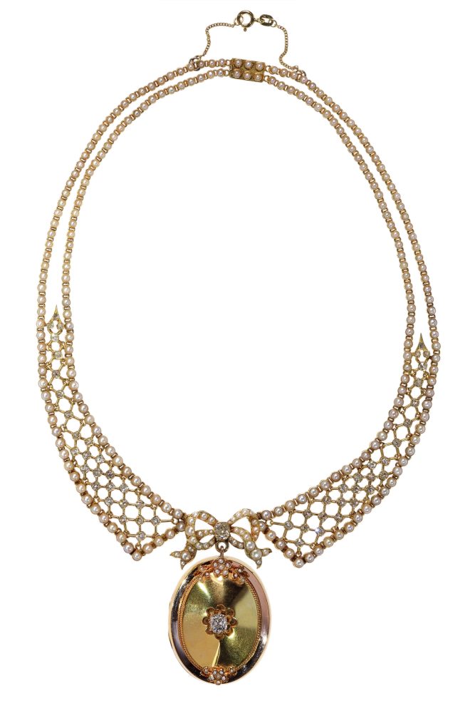 Victorian Old Cut Diamond And Pearl Necklace With Gold Pendant