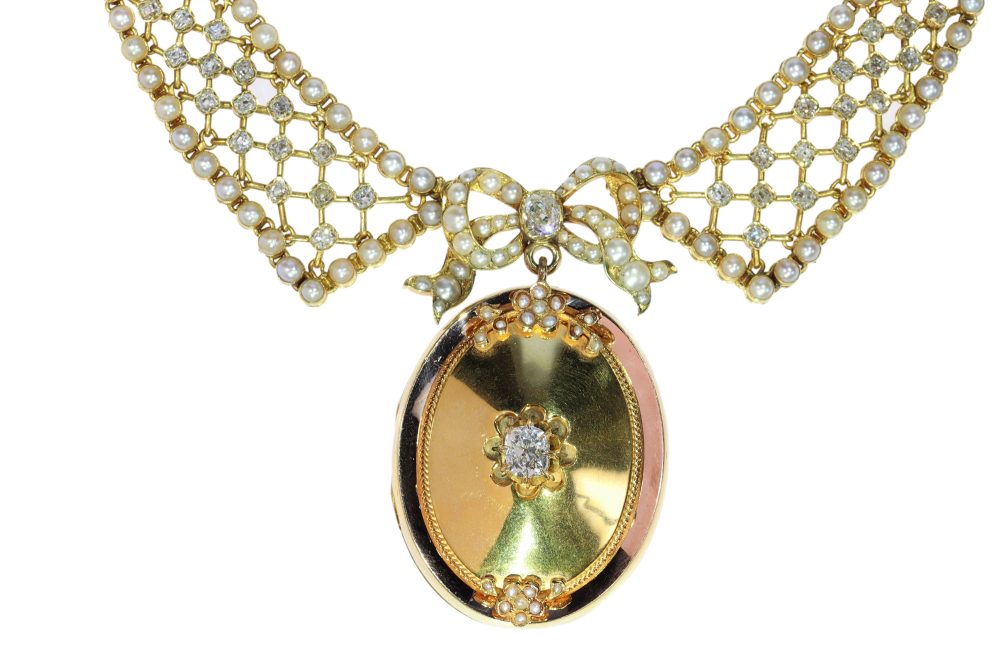 Victorian Old Cut Diamond And Pearl Necklace With Gold Pendant