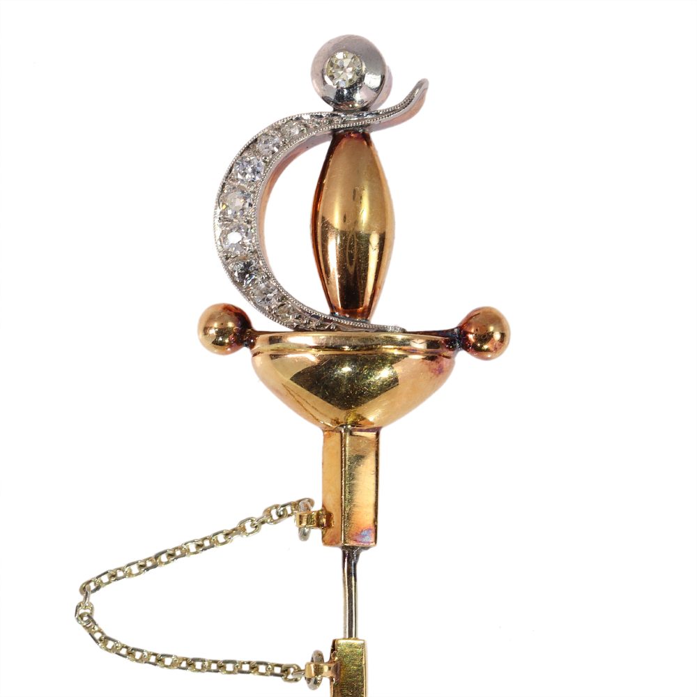 A Vintage Old Cut Diamond Sword Brooch In Yellow Gold