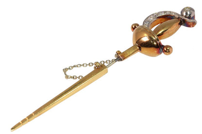 A Vintage Old Cut Diamond Sword Brooch In Yellow Gold