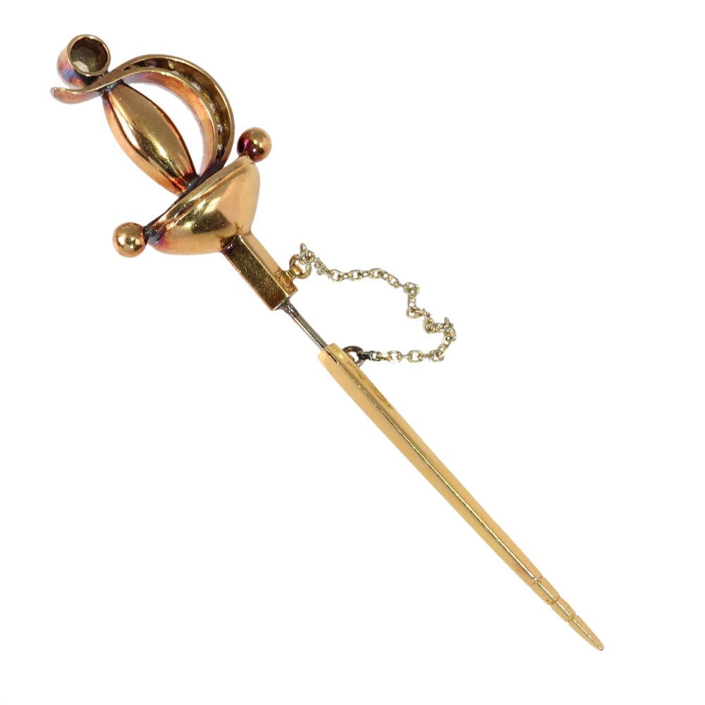 A Vintage Old Cut Diamond Sword Brooch In Yellow Gold