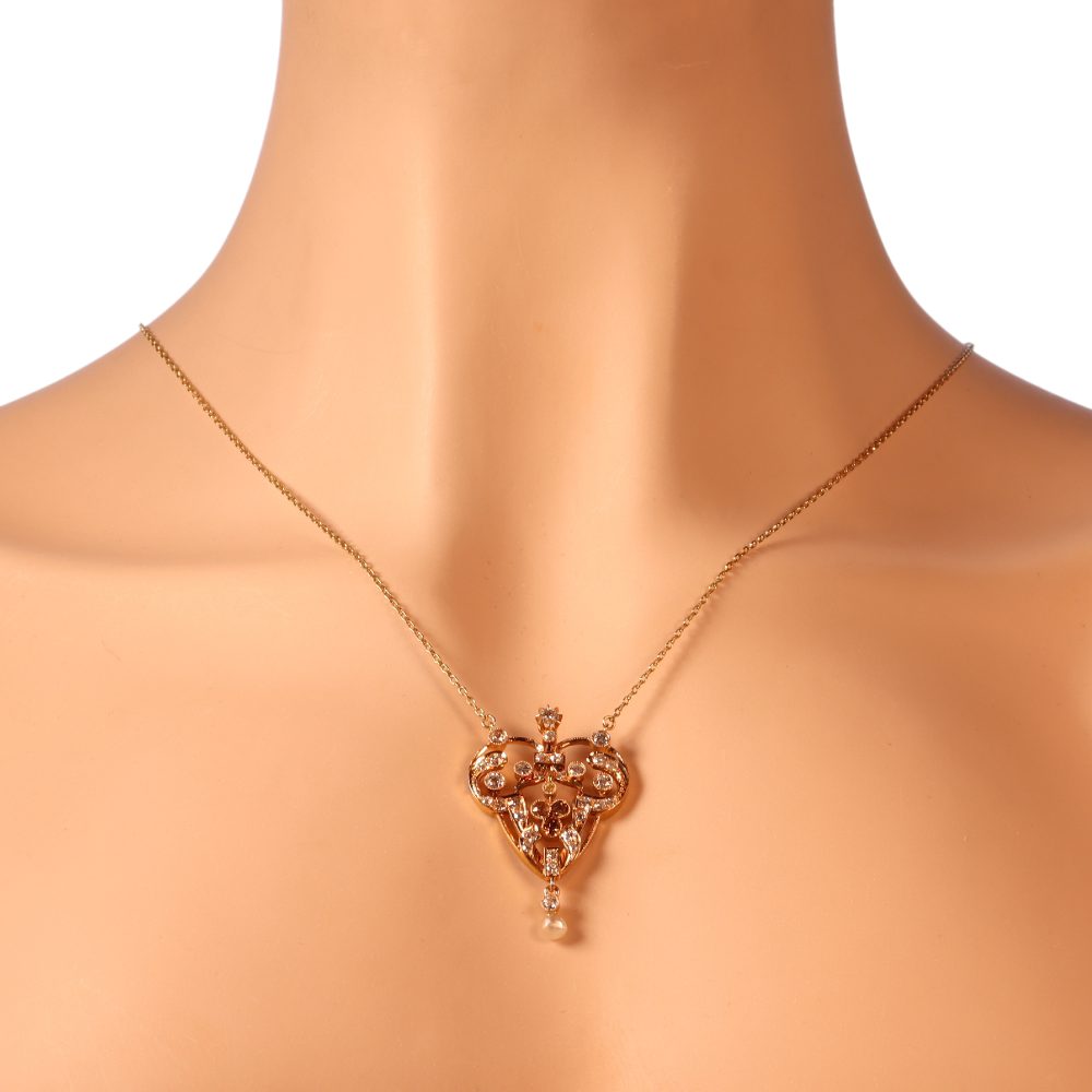 Victorian Old Cut Diamond Pendant In Rose Gold With Yellow Gold Necklace