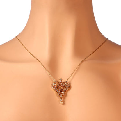 Victorian Old Cut Diamond Pendant In Rose Gold With Yellow Gold Necklace