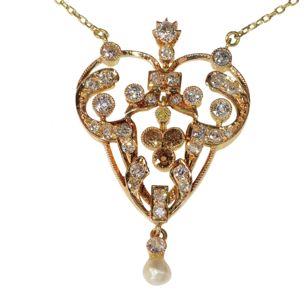 Victorian Old Cut Diamond Pendant In Rose Gold With Yellow Gold Necklace