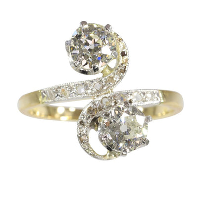Antique Belle Epoque Toi et Moi Old Cut Diamond Ring In Yellow Gold and Platinum