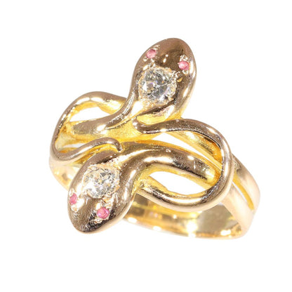 Antique Double Snake Ring With Old Cut Diamonds And Rubies In Gold