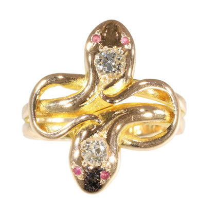 Antique Double Snake Ring With Old Cut Diamonds And Rubies In Gold