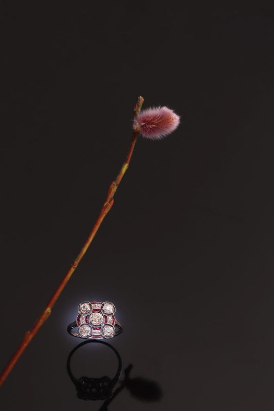 1920sArt Deco Ruby and Diamond Square Target Engagement Ring