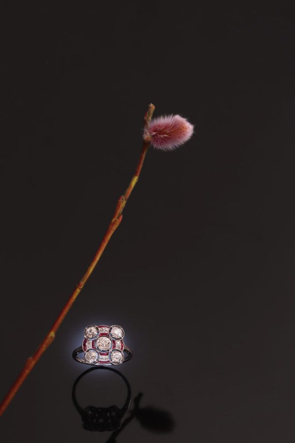 1920sArt Deco Ruby and Diamond Square Target Engagement Ring