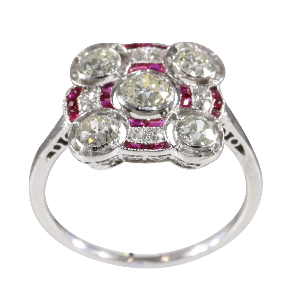1920sArt Deco Ruby and Diamond Square Target Engagement Ring