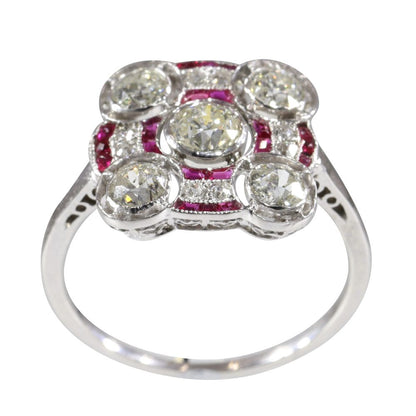 1920sArt Deco Ruby and Diamond Square Target Engagement Ring