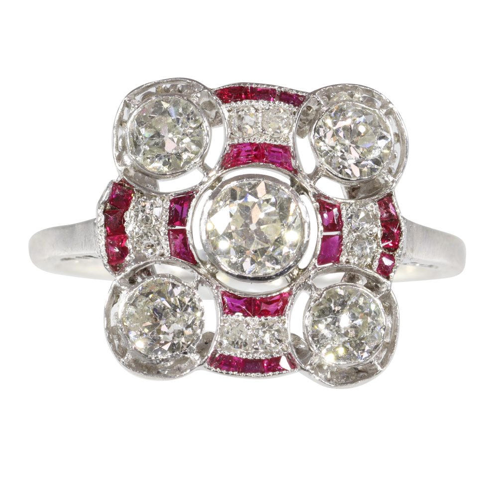 Art Deco engagement ring ruby and diamond old cuts square platinum